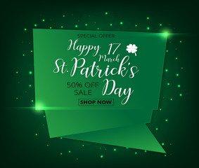 Vector Illustration of a St. Patrick's Day green sale banner clover leaves background