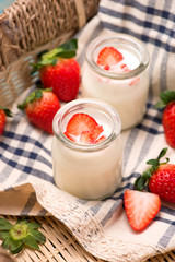 Strawberry Yoghurt. Healthy food with Strawberries and yoghurt breakfast on table.
