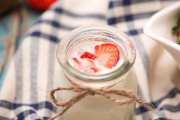 Strawberry Yoghurt. Healthy food with Strawberries and yoghurt breakfast on table.