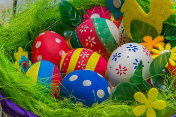 Basket with Easter eggs. Orthodox Easter holiday.