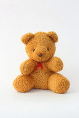 Brown teddy bear on a white background.