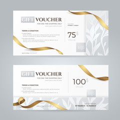 Set of luxury gift vouchers with golden ribbons and floral silver patterns. Vector layout for gift card, coupon and certificate. Isolated from the background.
