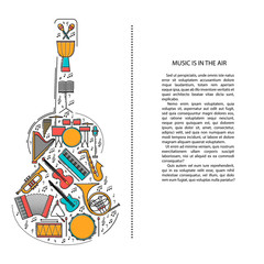 Music instrument line icons in guitar shape. Art musical brochure element. Vector decorative greeting card or invitation design background. Creative booklet concept. Magazine cover