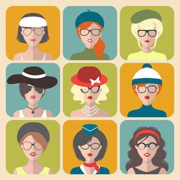 Big vector set of different women app icons in glasses and hats in flat style.