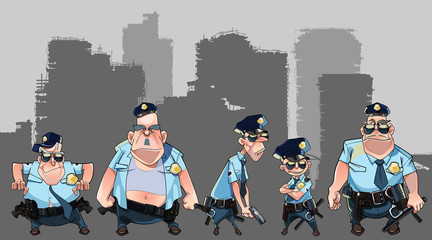 cartoon group of diverse men in police uniforms with guns