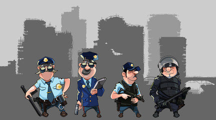 cartoon men in police uniforms and form of special forces with weapons