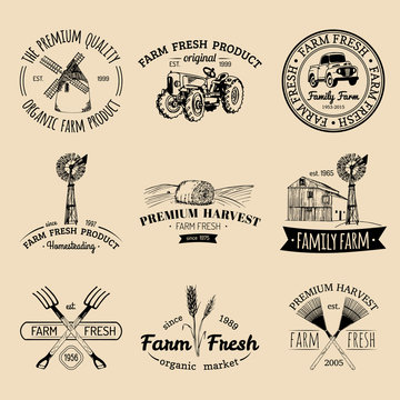 Vector retro set of farm fresh logotypes. Organic products badges. Eco food signs.Sketched agricultural equipment icons.