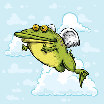 A cartoon of a frog angel with wings flying in a bright, blue cloudy sky.