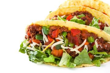 Traditional Mexican tacos with meat and vegetables, isolated on white background
