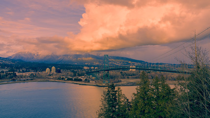 lions' gate bridge with sunset clouds,Vancouver BC Canada