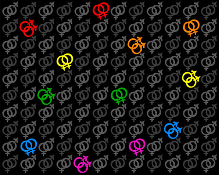 Gay and lesbian love symbols in lgbt pride flag rainbow colors among gray heterosexual symbols. Isolated vector illustration on black background.