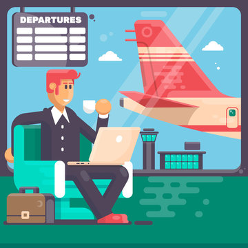 Travel, business trip concept. Businessman holding notebook in airport with suitcase and a plane in background. Flat style