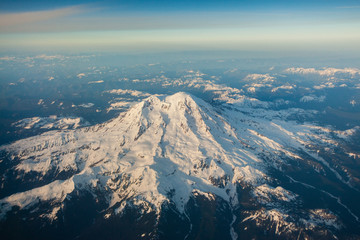 Snowy Mount Rainier from the air 