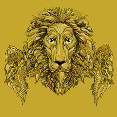  Lion's head with wings , vector illustration on golden background