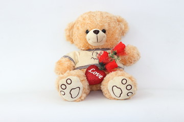 Brown teddy bears and red roses on a white background.