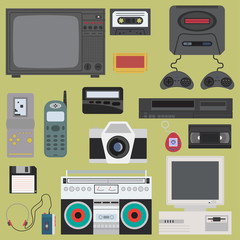 Set of gadget of 90s color icons, design elements. Flat retro style.