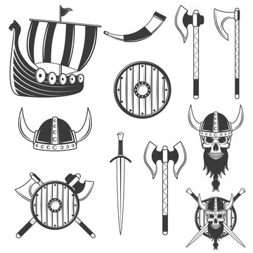 Set of black viking elements isolated on white background