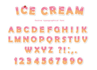 Ice cream font. Cute wafer letters and numbers can be used for birthday card, baby shower, Valentines day, sweets shop, girls magazine, collages. Isolated.