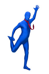 Mysterious blue man in costume with a red tie around her neck