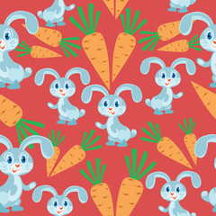 Bunny and carrots. The red background. Seamless pattern. Children's cartoon character. Design for textiles, wall hangings, wrapping paper.