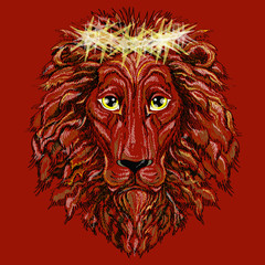 Head of a lion portrait , vector illustration on а burgundy  background