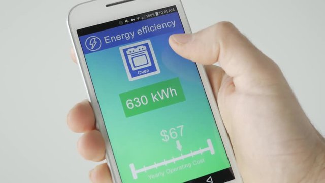 Smart home concept showing the energy efficiency of all the appliances on a smartphone screen.