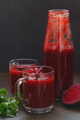 Fresh Beetroot smoothie.  Macro, selective focus, blank space