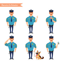 Set of colorful isolated vector policeman at work.