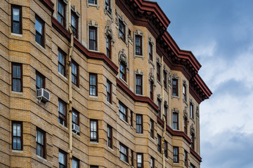 Architectural details of a historic highrise building, in Mount Vernon, Baltimore, Maryland.