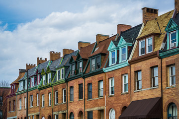 Architectural details of row houses in the Station North Arts and Entertainment District, in Baltimore, Maryland.