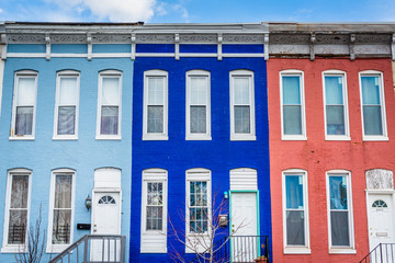 Colorful row houses on Howard Street, in Old Goucher, Baltimore, Maryland.