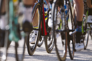 Fototapeta premium Grupa rowerzystów jadących na rowerze w wyścigu kolarskim. Rower wyścigowy.