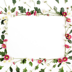 Frame wreath with red and white wildflowers, green leaves, branches on white background. Flat lay, top view. Flower background.