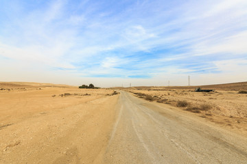 Fototapeta na wymiar Wide panorama with dirt road in Negev desert