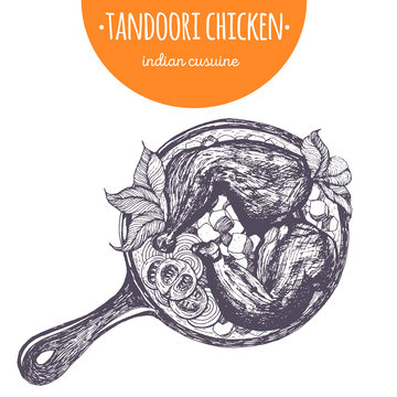Tandoori chicken top view vector illustration. Indian cuisine. Linear graphic.