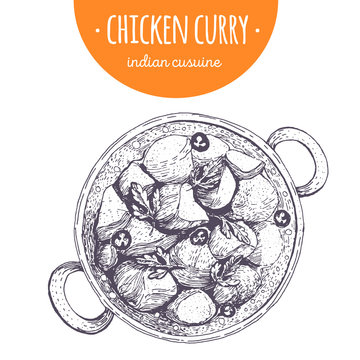 Chicken curry top view vector illustration. Indian cuisine. Linear graphic.