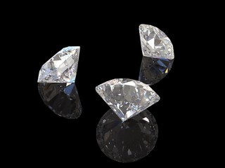 Diamonds with reflection on black background 3D rendering model