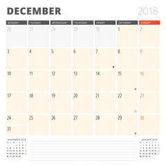 Calendar Planner for December 2018. Design Template. Week Starts on Monday. 3 Months on the Page. Phases of the Moon.