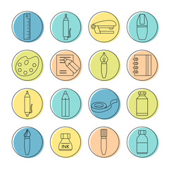 Collection of line style stationery icons on colorful circle