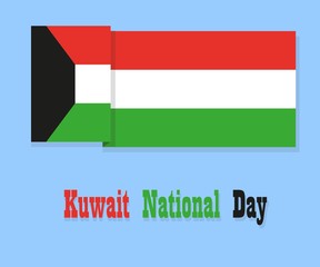 Flat Kuwait flag with text and shadow isolated on blue background. Happy National day of Kuwait. Vector illustration.