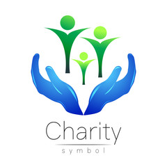 Vector illustration. Symbol of Charity. Sign hand isolated on white background.Blue Icon company, web, card, print. Modern bright element. orphans Help care family