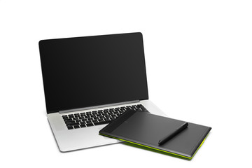 Graphic tablet with pen and computer for illustrators and designers, isolated on white background