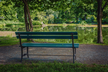 Park bench shaded under the trees in the Halifax Public Gardens, Halifax, Nova Scotia, Canada.