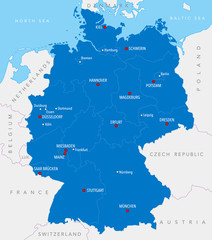 Map of Germany with cities and provinces in blue color