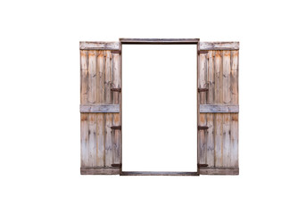 Old wooden door, both doors are open, isolated on white background with clipping path.