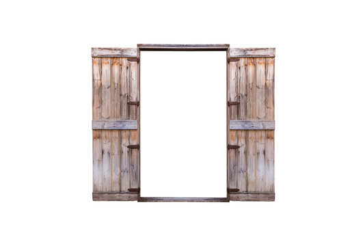 Old wooden door, both doors are open, isolated on white background with clipping path.