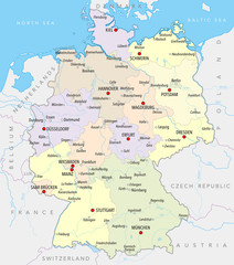 Map of Germany with cities, provinces and rivers in pastel colors