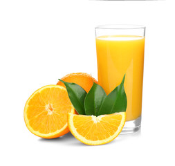 Fresh orange juice with fruits, isolated on white
