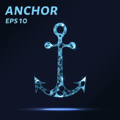 The anchor consists of points, lines and triangles. The polygon shape in the form of a silhouette of an anchor on a dark background. Vector illustration. Graphic concept anchor