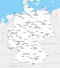 Map of Germany with cities and provinces in bright colors